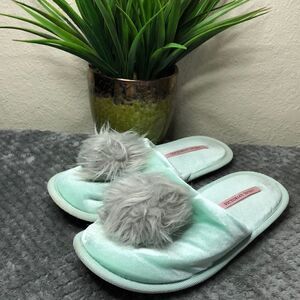 Victoria’s Secret grey pom pom Slippers  light  green fuzzy house shoes